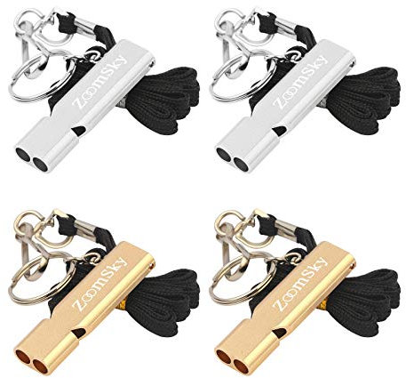 ZoomSky 4tlg Metall Pfeife, Sport Schiedsrichter Whistle Trillerpfeife Notpfeife Signalpfeife Trainerpfeife mit Schlüsselband für Outdoor Fußball Notfall Survival Abwehr-Gold Silber