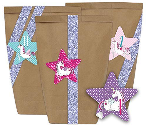 Papierdrachen Adventskalender zum Befüllen - 24 Papiertüten mit Aufklebern (Größe-Form]) und Glitzer Washi Tape in lila - Mini Set Nr. 110 - Weihnachten