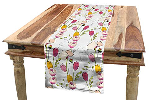 ABAKUHAUS Bunt Tischläufer, Tulpen und Mohnblumen, Esszimmer Küche Rechteckiger Dekorativer Tischläufer, 40 x 180 cm, Weiß Schamesröte
