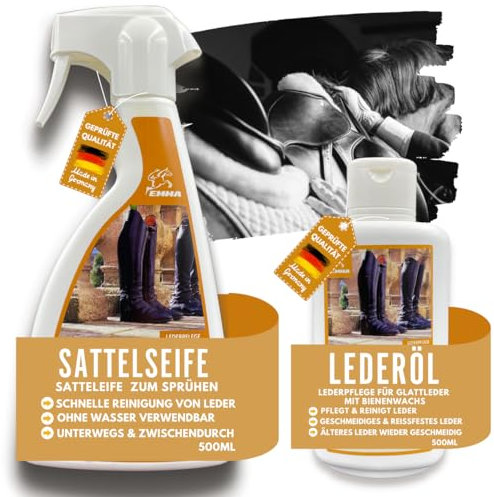 Lederpflege Set Lederöl farblos & Sattelseife Leder 2x0,5ml Lederreiniger Auto für Ledercouch Sofa Sattel Pferd Jacke Stiefel Möbel Handtasche I Lederfett Lederbalsam Schuhe Pflege für Leder Reinigung
