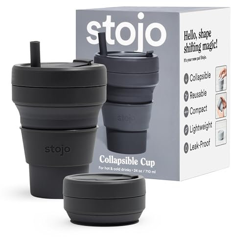 Stojo Taza de café plegable de viaje, reutilizable, tamaño de bolsillo, 710 ml, color gris carbón, con pajita