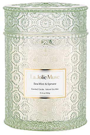 LA JOLIE MUSE, Vela Perfumada de Menta Marina y Abeto, Vela de Regalo en Tarro Grande, Vela de Regalo Regalo Dia de la Madre, Vela con Mecha de Madera, Velas Aromáticas Grande, 550g