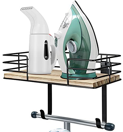 THYGIFTREE Ironing Board Hanger Wall Mount with Storage, Wooden Basket & Removable Hook, Carbonized Black, 12.6 x 6.09 x 2.6 inches, Ironing, Laundry, Organization, Indoor Use