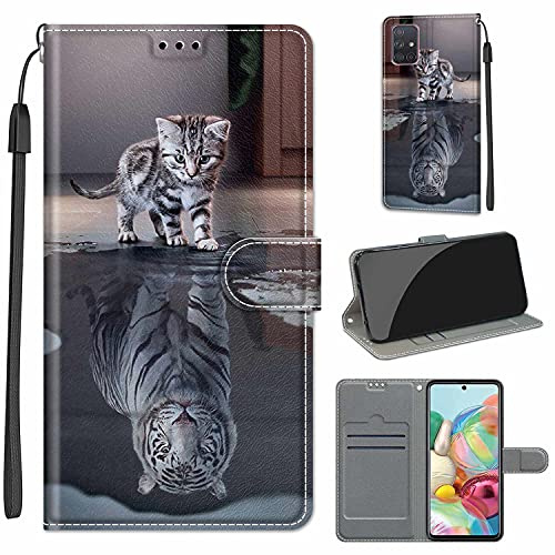 Hülle für Samsung Galaxy A71, Katze und Tiger | Standfunktion, Kartenfach, Magnetisch, Stoßfeste Schutzhülle, Flip Leder, Klapphülle