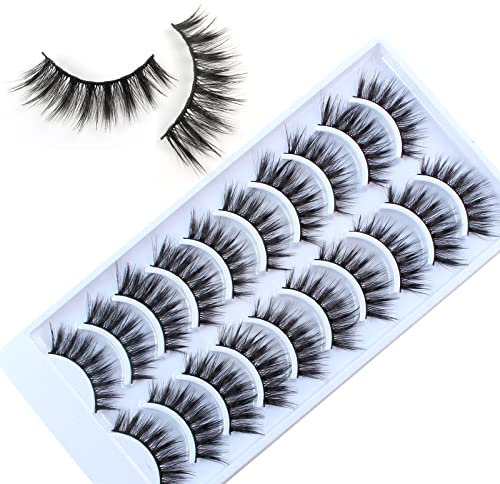 Faux Cil Naturel Doux Yeux de Biche Réutilisable False Eyelashes 5D 10 Paires Cat Eye Professionnel Maquillage Epais Fake Lashes Kit Oeil de Chat Moelleux Légère Fait à La Main Volume Dramatique Cils