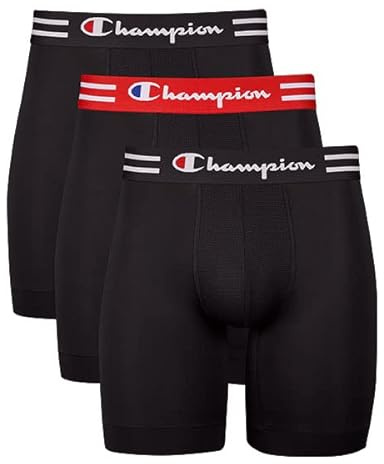 Champion Mens Briefs, Performance Stretch, Moisture Wicking, Multi-pack Boxer, Long Leg - Black - 3 Pack, X-Large US