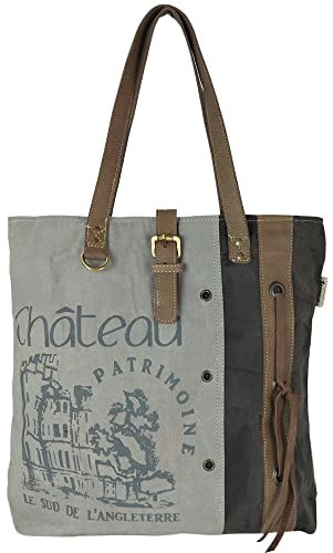Sunsa Damen Handtasche. Große Tasche aus Canvas & Leder. Nachhaltiger Shopper. Vintage Schultertasche. Shoulder Bag Ordner A4 geeignet. Retrotasche als Geschenkideen für Frauen (grau)
