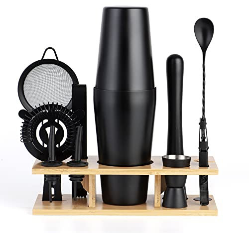 JNWINOG 11Pcs-Cocktail Shaker Set Stainless Steel Bartending Kit 25oz Boston Shaker Bar Set Cocktail Mix Drink Making Kit Professional Bar and Home Drink Bar Tools for Bartender(Matte Black)