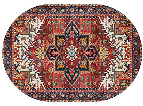 Rururug Designer Teppich Oval Kurzflor Orientteppich Klassisch Gemustert Ornamente für Wohnzimmer Schlafzimmer Kinderzimmer,Rot gefärbtes Vintages Blumen,Oval 200 x 230 cm