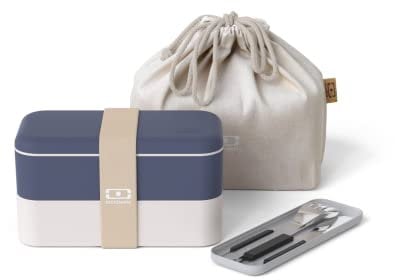 monbento - Natural Lunchbox Set - Mit Bento Box MB Original mit Fächern Made in France, Besteck-Set MB Slim Box Onyx, Bento Tasche MB Pochette M Cream - BPA Frei - Lebensmittelecht - Blau
