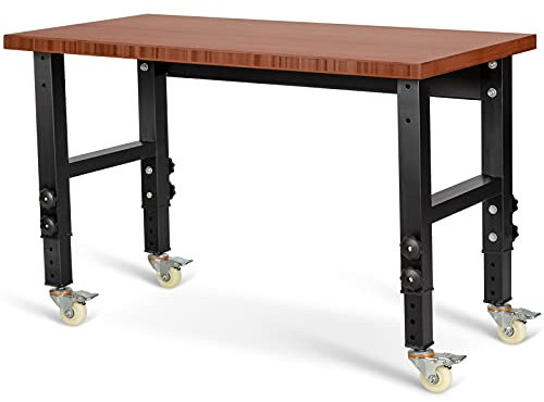 COSTWAY 120cm Adjustable Workbench, 10-Level Height Rolling Garage Work Bench with 4 Lockable Casters and Bamboo Top, Heavy Duty Steel Workstation for Home Workshop, 500 kg Load Capacity (Brown)