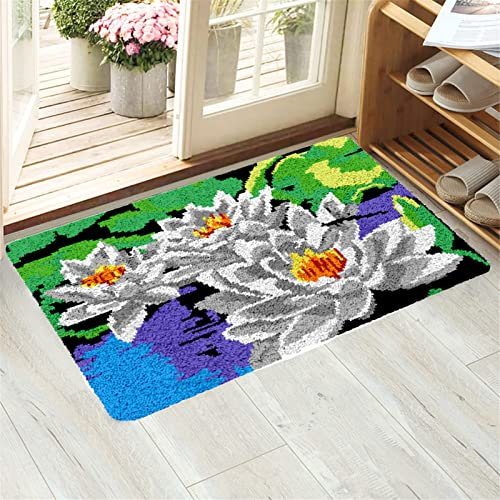 VIONNPPT 3D Blumen Muster Knüpfteppich Zum Selber Knüpfen Knüpfset, DIY Tapisserie Set für Erwachsene Kinder Anfänger, Kreatives Teppich Geschenk (Weiß Lotus,60cmx40cm)