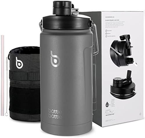 Bottle Bottle 2 Litre Water Bottle with Straw and Dual-use Lid Large Insulated Water Bottles with Handle Big Stainless Steel Metal Flask for Hot Drink(Gray)