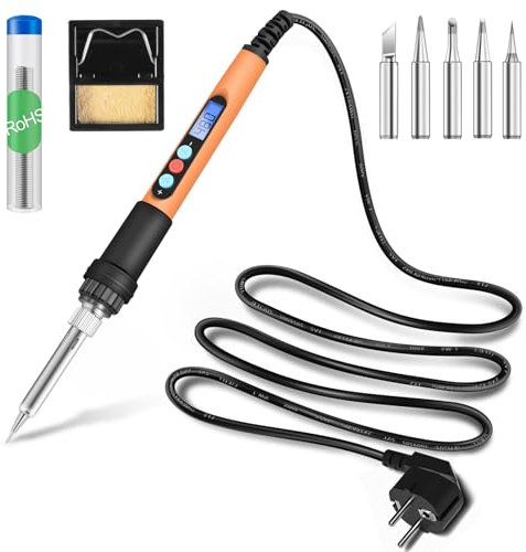 HANDSKIT soldador de estaño, kit de soldadura 90W, kit 8 en 1 soldador profesional con temperatura ajustable 180-480 °C, pantalla LCD, 5 puntas, alambre de soldadura y soporte