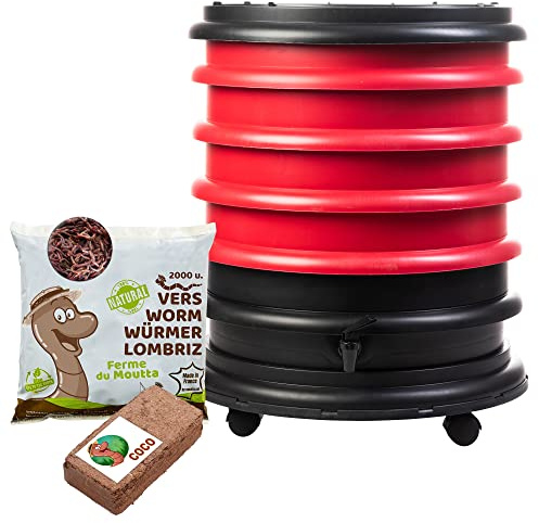 WORMbox | Lombricomposteur 4 Plateaux Rouge +1kg de vers de Compost + 1 Bloc Coco | 64 litres | Compostez Vos déchets organiques, Les vers de Terre/lombrics produisent du lombricompost