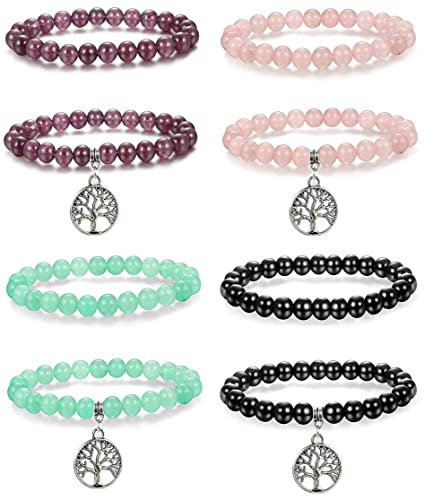 KALVICA 8mm Naturstein Perlen Armband für Damen Echtes Naturstein Armband mit Baum des Lebens Anhänger Yoga Kristall Stretch Armband Lebensbaum Armband