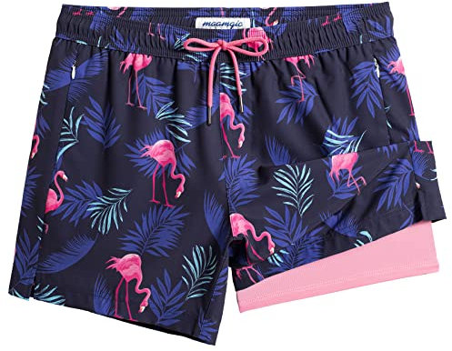 MaaMgic Herren Badehose mit Kompression Badeshorts 2 in 1 | 5.5 Schnelltrocknend lässige Swim Shorts Kurz Boardshorts mit Innenhose Reißverschlusstasche,02 Navy Flamingo Palmen Rosa 5.5,M