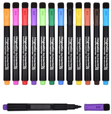 Willingood Whiteboard Marker, 12 Farbe Folienstift abwischbar, Weißwandstifte mit Schwamm, Boardmarker mit feiner Spitze Whiteboard Stifte magnetisch für Tafel Flipchart Zuhause Schule Büro