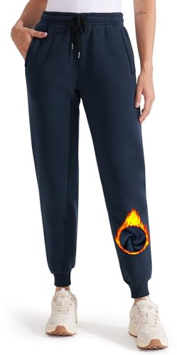 Libin Gefütterte Jogginghose Damen Warme Fleecehose Sporthose Trainingshose Sweatpants Laufhose mit Reißverschluss Taschen für Winter Herbst Marineblau L