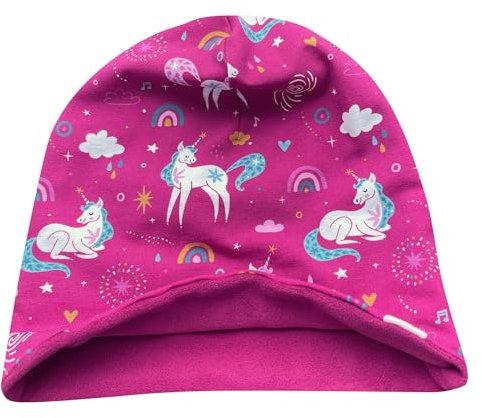 Wollhuhn Öko Warme Winter Jungen/Mädchen/Kinder Long Beanie Mütze Mit Fleecefutter Versch. Motive (aus Öko-Stoffen, Bio) 20220666 (Einhorn Beere, M)