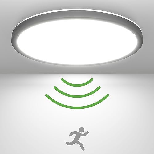 zemty LED Deckenleuchte mit Radar Bewegungssensor 19W 5000K, Flache Lampe mit Bewegungssensor Innen, 22cm 1800LM Runde Deckenleuchte Bewegungssensor IP44 Wandleuchte für Balkon Keller Flur Garage