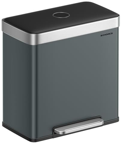SONGMICS Kitchen Bin, 2 x 30L Stainless Steel Pedal Rubbish Bin with 15 Trash Bags, Recycling and Waste, with Plastic Inner Buckets, Lid, Soft Closure, 58.2 x 36.5 x 60.5 cm, Greenish Grey LTB202G01