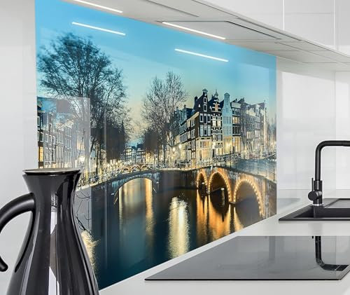 timalo Herd Spritzschutz Wand Spüle, Küche Küchenrückwand Glasoptik | Acryl Glas 2mm | Glasrückwand Acrylglas Küchenpaneele Rückwandschutz Platte | 120x60cm Romantisches Amsterdam Brücke