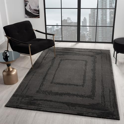 VIMODA Teppich Wohnzimmer Schlafzimmer Modern Hoch&Tief Bordüre Qualitativ 3D Effekt, Farbe:Anthrazit, Maße:160x230 cm