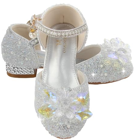 M MUNCASO Mary Jane Prinsesskor med glänsande rosett, glitterskor för flickor, festskor, blomsterflickor, för banketter, födelsedagsfester, cosplay dansskor, Silver 1, 9.5 UK Child