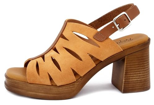 RAQUEL PEREZ Sandali Donna in Pelle Camoscio Arancio, Tacco Medio 7 cm e Plateau, 20785