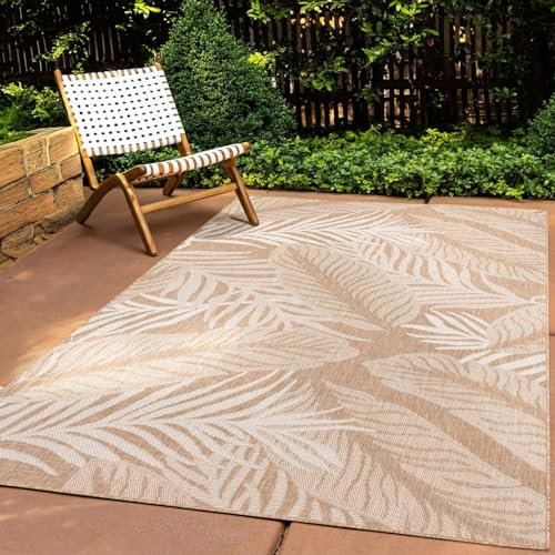 In & Outdoor Teppich Wetterfest Wohnzimmer Balkon Küchenteppich Terrassenteppich Flachgewebe Sisaloptik mit Muster blätter Natur beige 140x200 cm