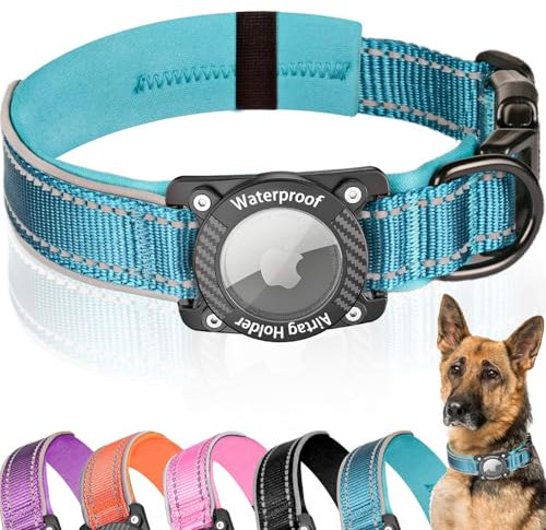 AgoumLux Airtag Hundehalsband, Air Tag Wasserdicht Hundehalsband mit Airtag Halter, Reflektierendes Airtag Halsband Hund mit Weicher Polsterung für Kleine, Mittlere und Große Hunde, Blau, M