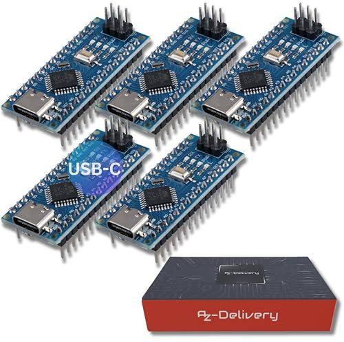 AZDelivery 5 x AZ-Nano V3-Board mit USB-C Anschluss mit Atmega328 CH340 fertig verlötete, verbesserte Version inklusive E-Book!