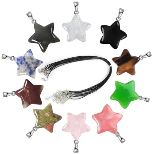 Crystal Necklaces Stars Shaped Stone Pendants, 10 Pieces Natural Assorted Color Healing Crystals Necklace with Leather Cord for Jewellery Making