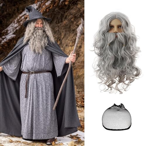 3Pcs Perücke Herren Grau Lockig Perücke für Männer Perücke Off-White HerrenperüCke Lang HerrenperüCke Geschichtet Silber Synthetische PerüCke mit Perückenkappe für Film Cosplay Halloween Karneval