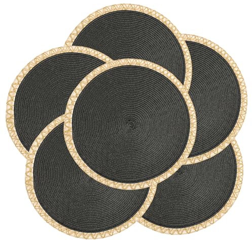 fanquare Sets de Table Tressés Ronds Lot de 6 Tapis de Table Noir avec Bordure Dorée 34cm Sets de Table Tissés pour la Cuisine Napperons Antidérapant pour Salle à Manger Maison