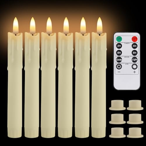 MI CASA Drip Wax Flameless Flickering Taper Candles with Remote Control, Timer, Dimmer, 3D Wick Light Ivory Window Candles Battery Operated Pack of 6, Christmas Home Wedding Decor (0.78 X 6.69 Inch)