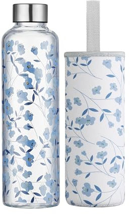 Autsel Glass Water Bottle 500ml Artistic Glass Drinking Bottle with Lid Leak Proof Borosilicate Water Bottle with Protection Sleeve, Fine Gifts for Girls and Women