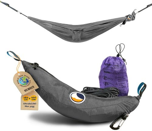 Ticket to the Moon Hamac d’extérieur pour Enfants Gris | en Soie de Parachute en Nylon 160 x 100 cm, 315 g – avec Mini-Mousqueton 6 KN et Corde Depuis 1996