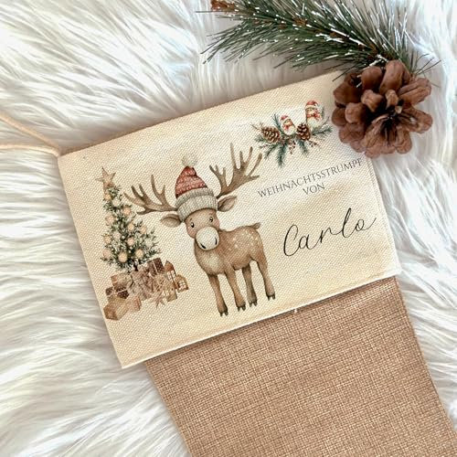 Manufaktur Liebevoll I Nikolausstrumpf Nikolausstiefel personalisiert Kinder Erwachsene Weihnachtsstrumpf Name Weihnachtsstiefel Nikolaussocke Mädchen Jungen Elch Rentier (Carlo)