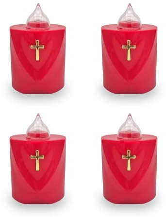 AROBA 4x LED Grabkerze Trauerlicht - Flackereffekt wie echte Kerze - lange Brenndauer bis 120 Tage - wiederverwendbar Friedhofskerze Gedenkkerze Dauerkerze - rot Heiliges Kreuz