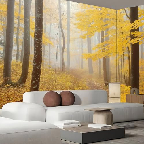 Fototapete Herbstwald 3D Effekt 350×256cm,Wandtapete Gelber Dschungel Bildtapete Schlafzimmer Wohnzimmer Wand Dekoration