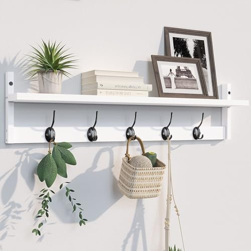 BAMEOS Wall Coat Rack with Hooks - 73.5cm Entryway Shelf Featuring 5 Dual Hooks, Farmhouse Style Coat Rack with Shelf for Bathroom, Living Room, Bedroom, Kitchen Decor and Storage (White)