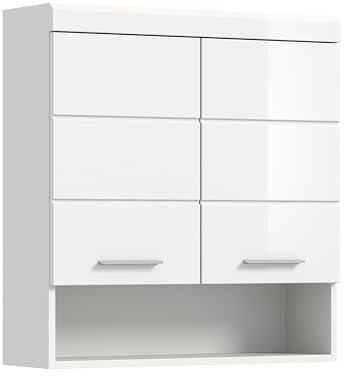 furnling Hängeschrank Scott, Wandhängeschrank Bad, 2 Türen, 1 offenes Fach, Hochglanz Front, Badschrank, 74 cm breit, weiß