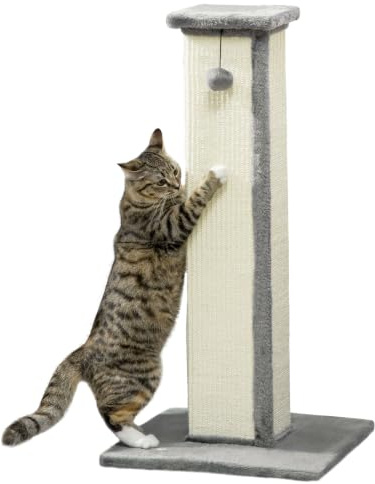PawHut Griffoir pour Chat 81 cm Arbre à Chat en sisal et Peluche, Poteau griffoir avec Boule Suspendue Base Stable, grattoir à Design Moderne 41 x 41 x 81 cm, Gris et crème