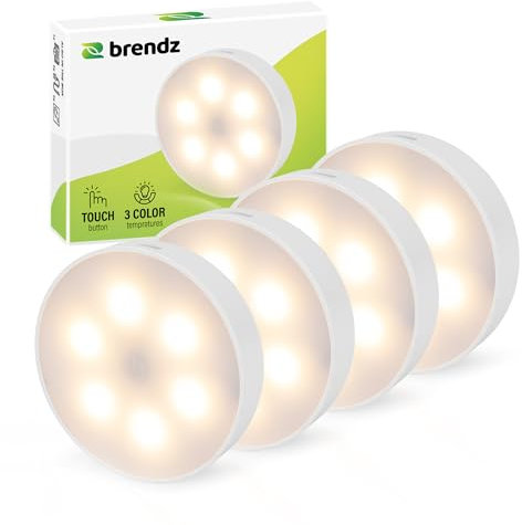 Brendz Rundes LED Schrankbeleuchtung, Touch-Bedienung, USB-C Wiederaufladbar, Dimmbar, Magnetisch, 4 Stück, 3 Farbtemperaturen, LED Lampe Akku, Treppenbeleuchtung