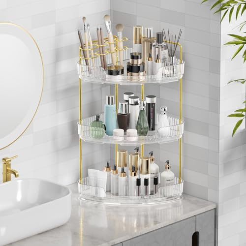 Umtiti 3-Tier Corner Bathroom Counter Storage Organizer, Tool-Free Installation Acrylic Vanity Shelf, Ideal for Bathroom, Dresser, Kitchen (Clear)