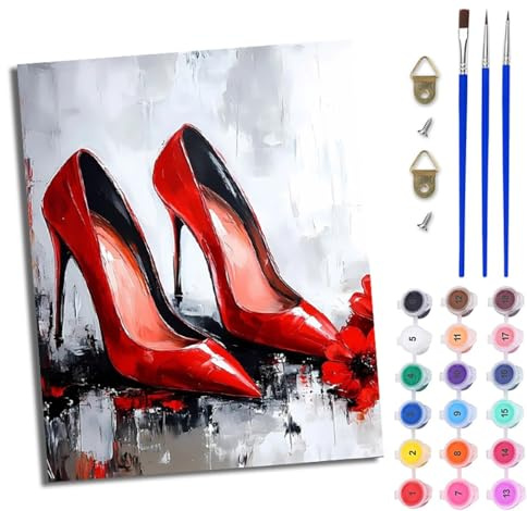 WJWWANG Peinture par Numéros pour Adulte Peinture par Numero pour Enfant et Adulte Talons hauts rouge coquelicot DIY Peinture Acrylique Débutants Facile sur Toile Peintures et Pinceaux