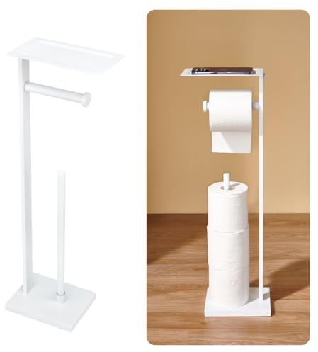 Chiunikoo Freestanding Toilet Paper Holder for Bathroom–Stainless Steel Square Tissue Dispenser with Storage Tray & Roll Organizer (White)