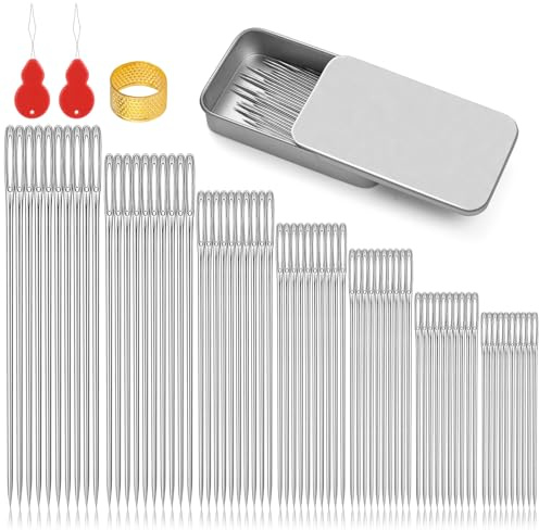 70Pcs Sewing Needles, 7 Sizes Large Eye Stainless Steel Hand Sewing Needles | Large Eye Leather Sewing Needles with Needle Threader, Thimble, Box for Leather Sewing, Repairing, Knitting, Quilting Craft